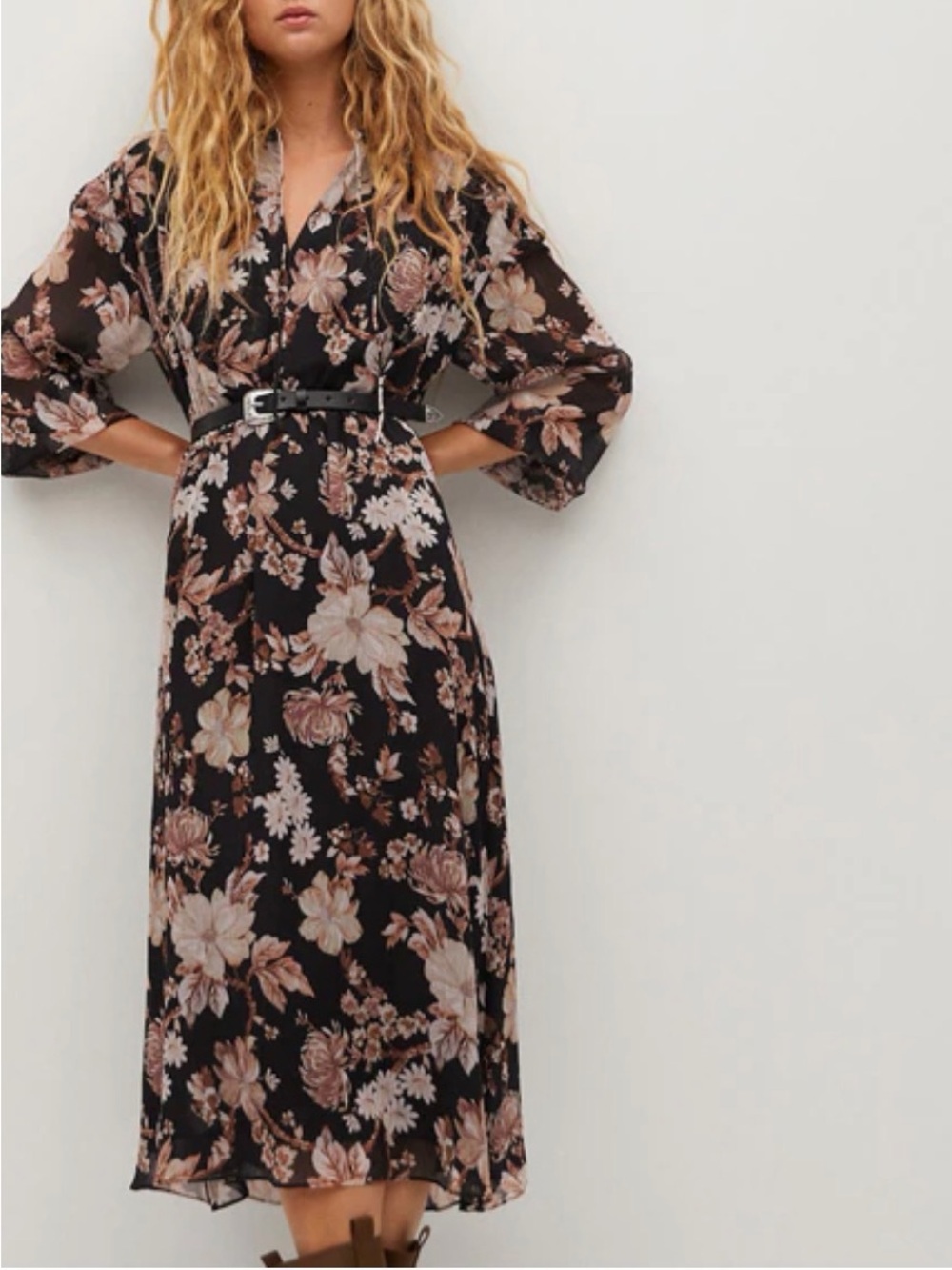 Mango Black Floral Midi Shirt Dress with Blush Blooms